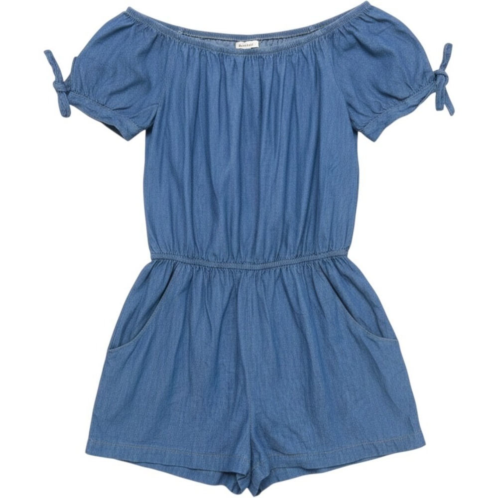 Y2k‎ Wrapper Chambray Off Shoulder Romper Cotton Denim Pocket Jumper Women M Vtg